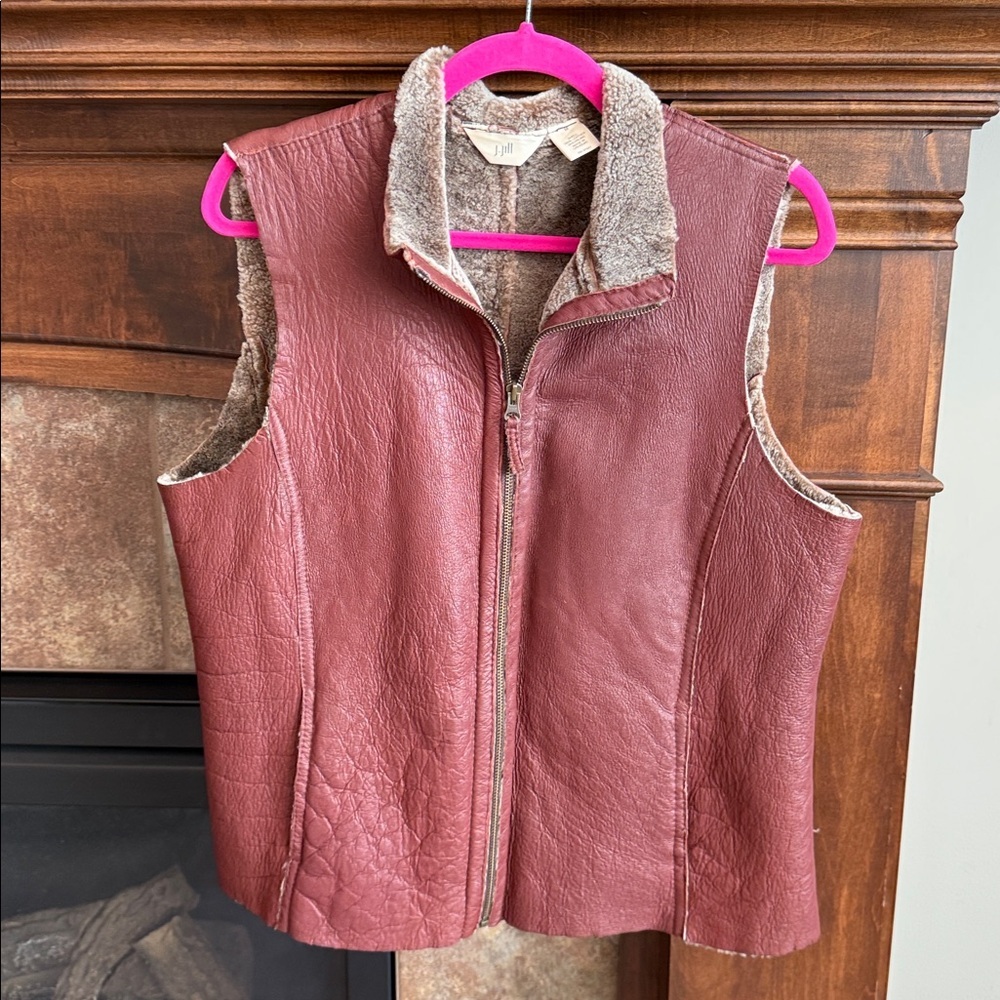 J Jill deep red maroon distressed leather shearling lined full zip vest size M
